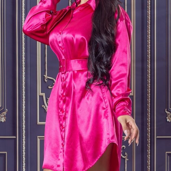Boutique Fuchsia Pink Satin Button Up Mini Shirt Dress Belted Long Sleeve - Picture 5 of 15